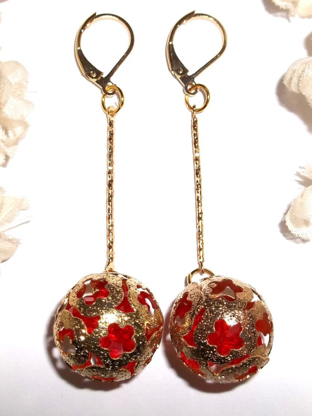 Long Red and Gold Earrings Dangle Drop Fancy Dressing Up Formal Jewelry Set D911
